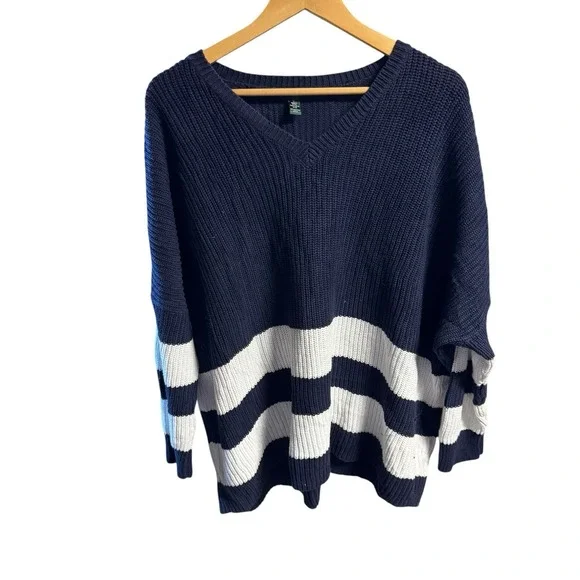 Lauren Ralph Lauren Striped V-neck Sweater Blue White Oversized 1X - Picture 1 of 6